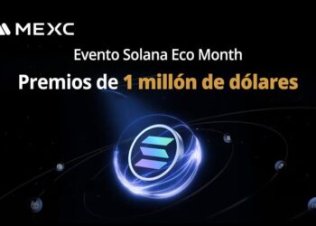 ícono de Solana como el núcleo de un átomo en fondo negro.