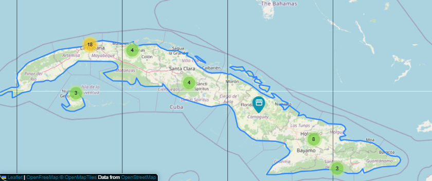 A map shows the places where Bitcoin is accepted in Cuba.