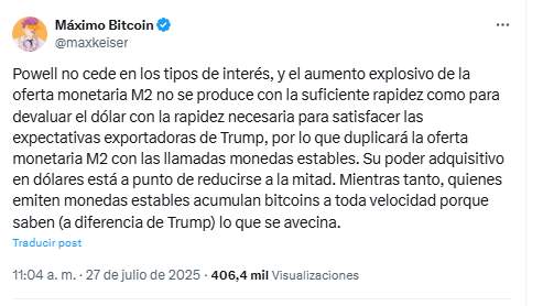 Un mensaje en X del maximalista de bitcoin Max Keiser.