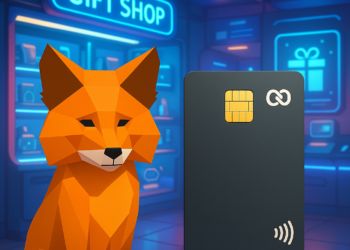 Una tarjeta de regalo junto al zorro de MetaMask en una tienda.