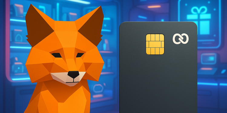 Una tarjeta de regalo junto al zorro de MetaMask en una tienda.