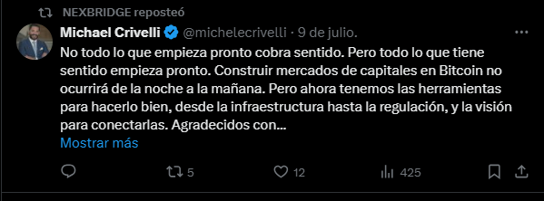 Un mensaje en X de Michael Crivelli CEO de NexBridge y Nexplace.