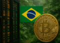 Un centro minero de BTC junto a una bandera de Brasil.