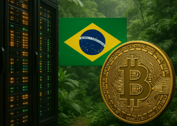 Un centro minero de BTC junto a una bandera de Brasil.