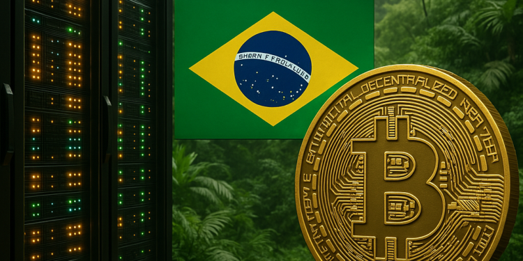 Un centro minero de BTC junto a una bandera de Brasil.