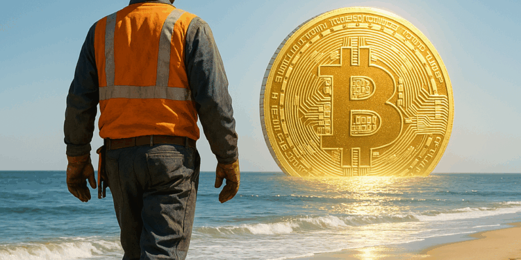 Un minero caminando en un playa con una moneda de BTC en el cielo.