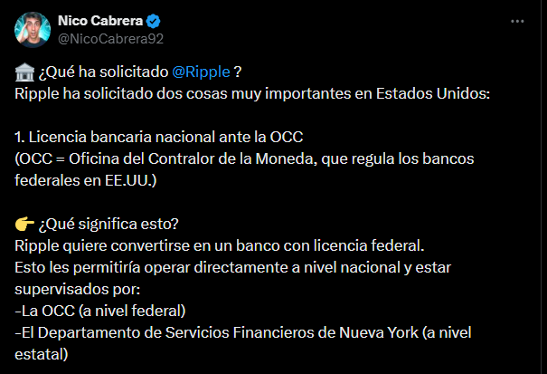Comentario en X del miembro de la comunidad de Ripple Nico Carrera.