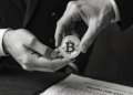 Una persona sosteniendo una moneda de bitcoin en sus manos con una orden 6201 en una mesa.