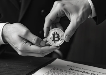 Una persona sosteniendo una moneda de bitcoin en sus manos con una orden 6201 en una mesa.