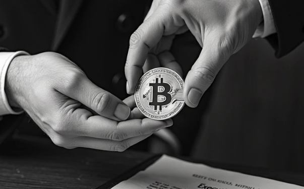 Una persona sosteniendo una moneda de bitcoin en sus manos con una orden 6201 en una mesa.