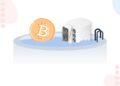 Una moneda de bitcoin en color amarillo y un minero cayendo en una piscina.