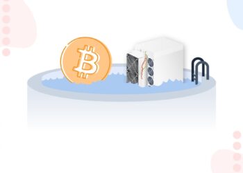 Una moneda de bitcoin en color amarillo y un minero cayendo en una piscina.