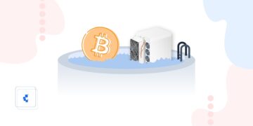 Una moneda de bitcoin en color amarillo y un minero cayendo en una piscina.