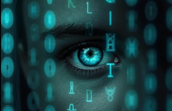 un ojo se asoma por una cortina de números en señal de vigilancia de las redes de criptomonedas.
