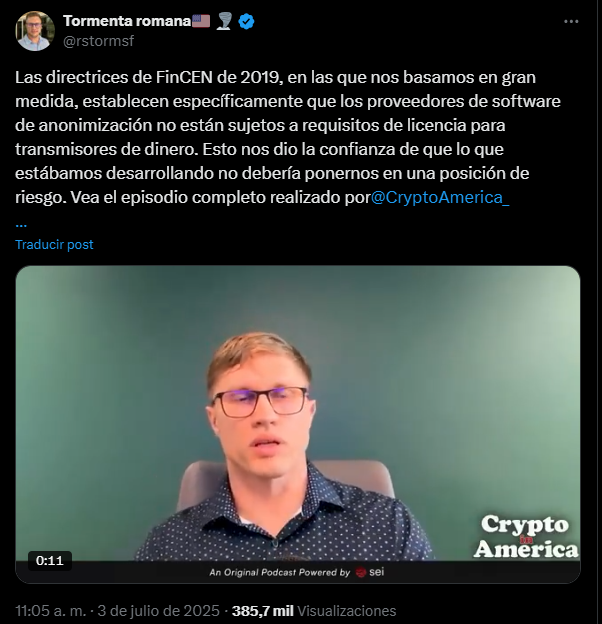 Un mensaje en X de Roman Storm sobre su defensa en el juicio que enfrenta como desarrollador de Tornado Cash.