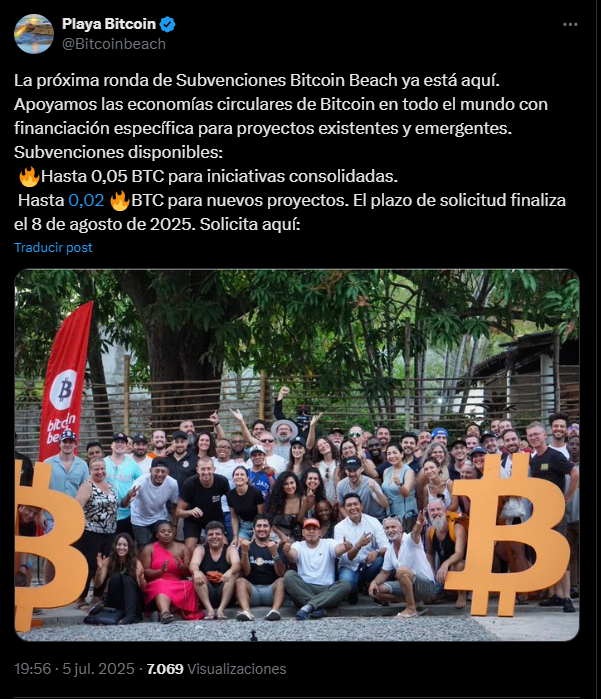 Un grupo de personas posando junto a dos grandes logos de Bitcoin en El Zonte, El Salvador.