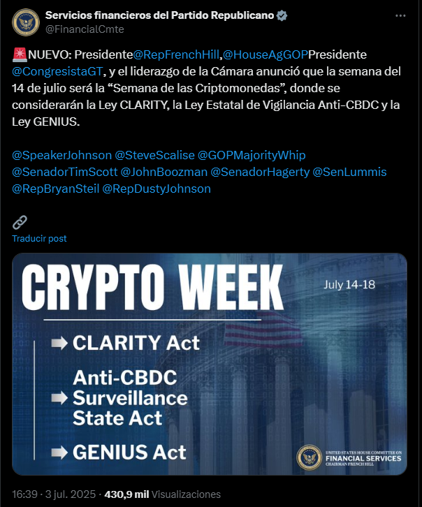 Mensaje del Servicio Financiero de Estados Unidos sobre la semana de las criptomonedas en Estados Unidos.