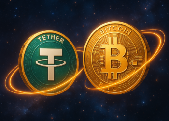 Una moneda de Tether junto a una de BTC en el espacio.