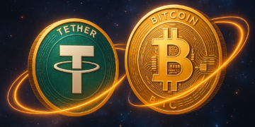 Una moneda de Tether junto a una de BTC en el espacio.