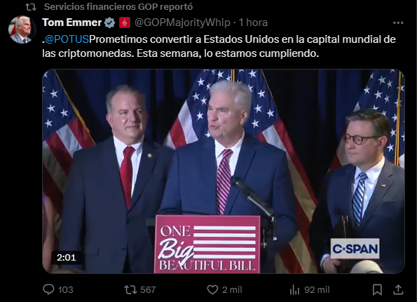 Congresista Tom Emmer durante la Semana de las Criptomonedas.