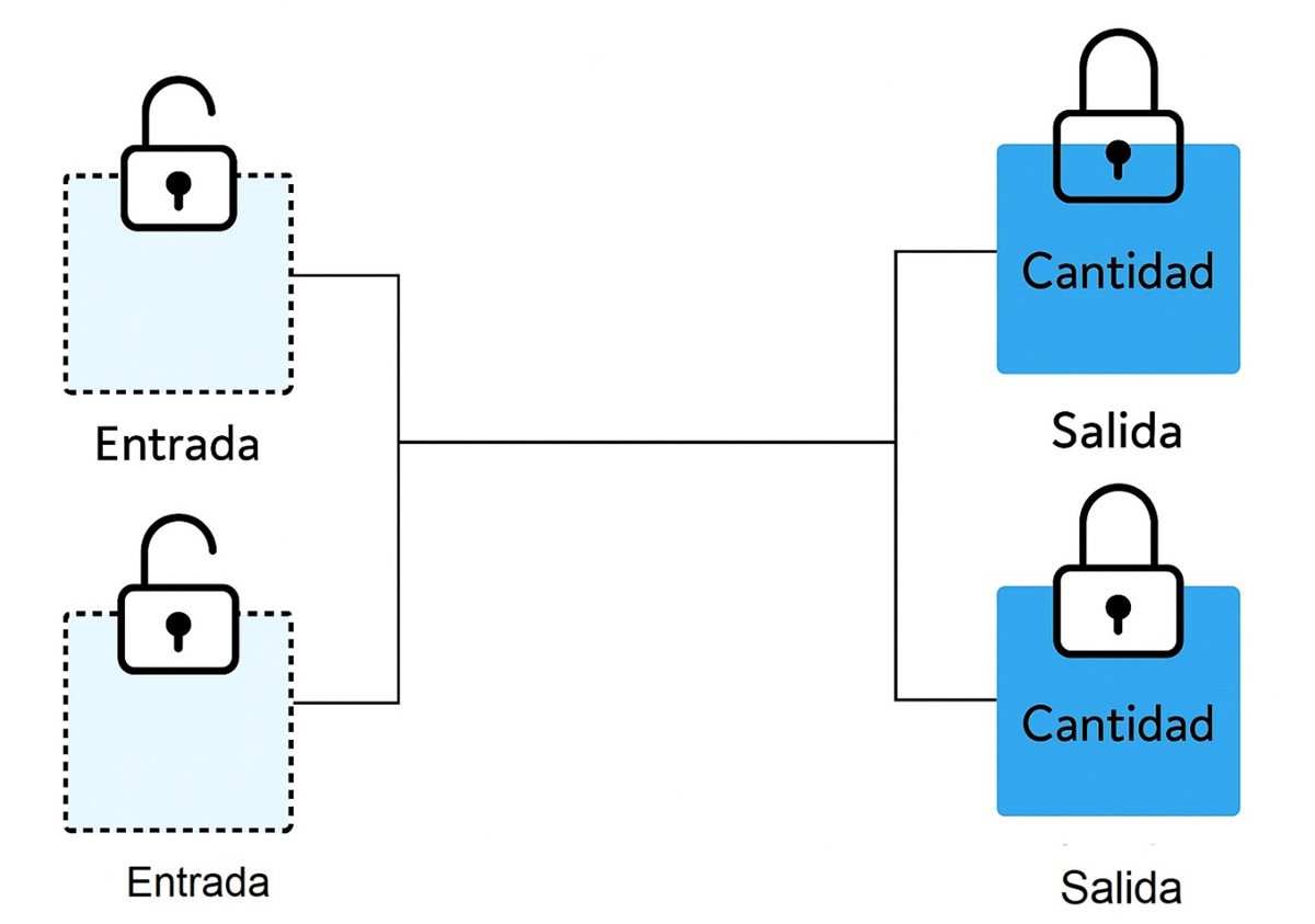 Dos bloques de transacciones de entrada con candados abiertos encima conectados otros dos bloques de transacciones de salida con candados cerrados encima.