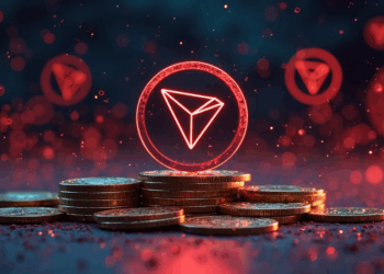 Logo de Tron y varias monedas de doradas.
