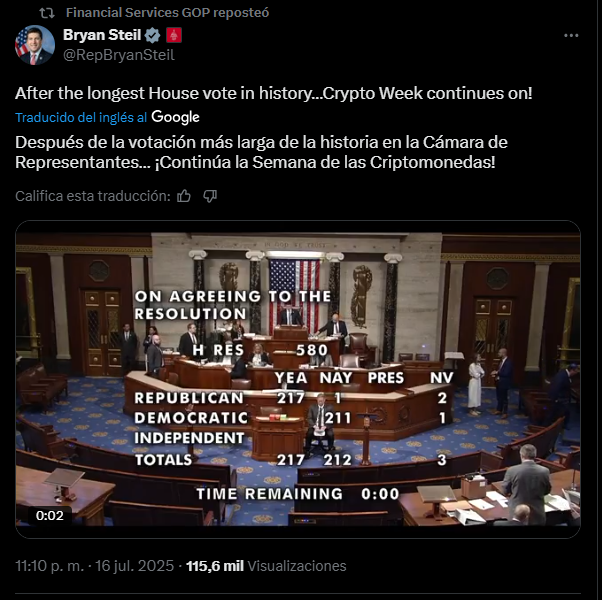 El Congreso de Estados Unidos durante el proceso de votación de un marco regulatorio para las criptomonedas.