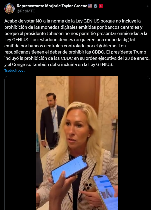 Legisladora de Estados Unidos Marjorie Taylor se manifiesta sobre la votación sobre la Ley GENIUS.