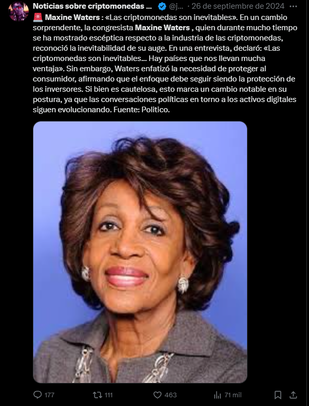 Un tuit con una imagen de la congresista estadounidense Maxine Waters, quien por años se ha manifestado en contra de las criptomonedas.