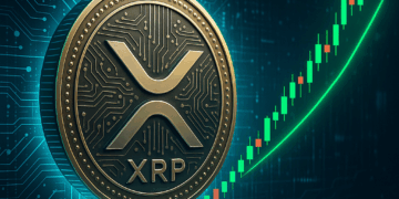 una moneda de XRP junto a un grafico de velas.