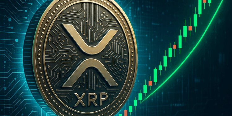 una moneda de XRP junto a un grafico de velas.