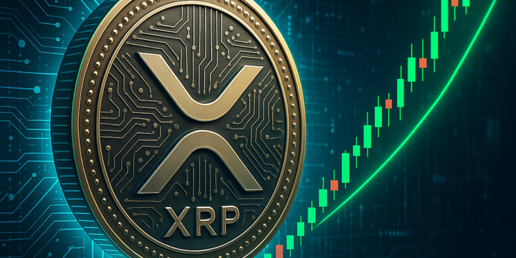 una moneda de XRP junto a un grafico de velas.