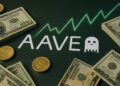 AAVE con dinero alrededor y gráficas en verde de fondo.