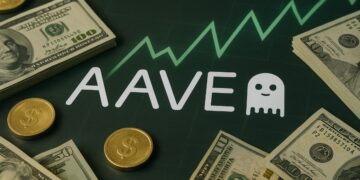 AAVE con dinero alrededor y gráficas en verde de fondo.