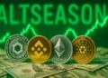Criptomonedas con dinero, gráficas verdes y la palabra altseason.