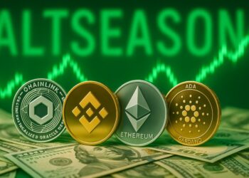 Criptomonedas con dinero, gráficas verdes y la palabra altseason.