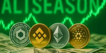 Criptomonedas con dinero, gráficas verdes y la palabra altseason.