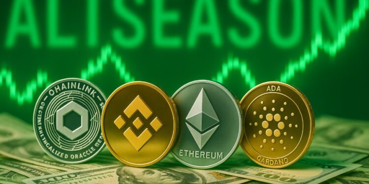 Criptomonedas con dinero, gráficas verdes y la palabra altseason.