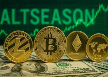 Criptomonedas sobre dinero con gráficas en verde de fondo y la palabra altseason.