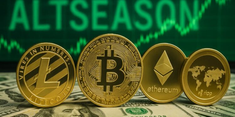 Criptomonedas sobre dinero con gráficas en verde de fondo y la palabra altseason.