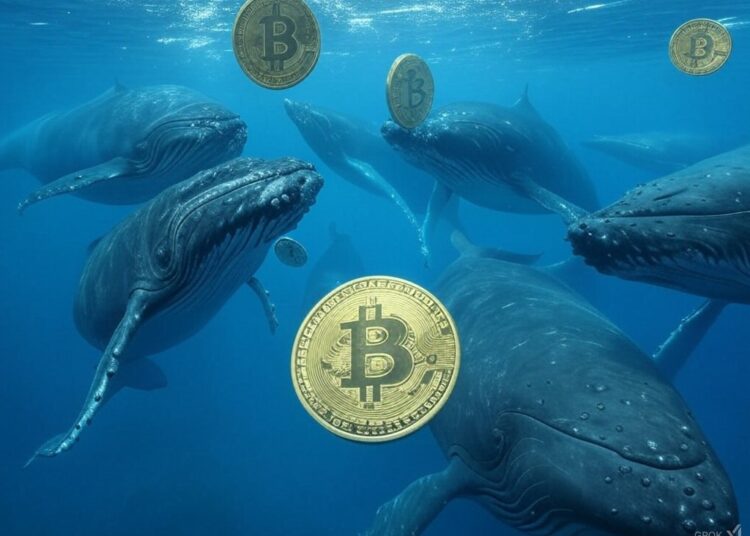 ballenas en el océano con monedas de bitcoin.