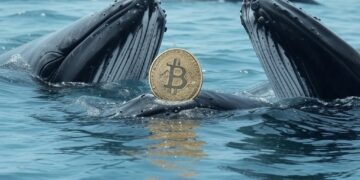 ballenas en el mar con un bitcoin.
