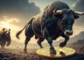Un toro piza una moneda de bitcoin mientras un oso queda rezagado en la carrera