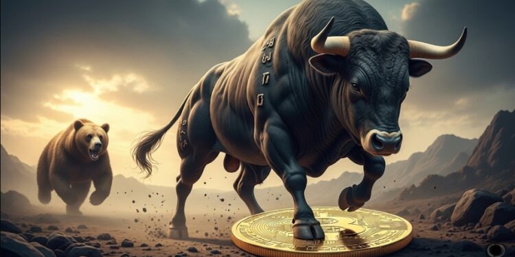 Un toro piza una moneda de bitcoin mientras un oso queda rezagado en la carrera