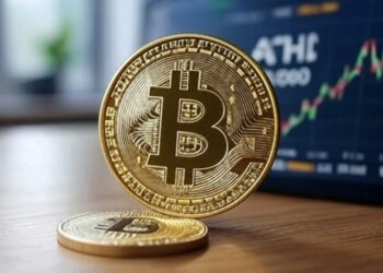 Moneda de bitcoin y gráfico en 120.000 dólares