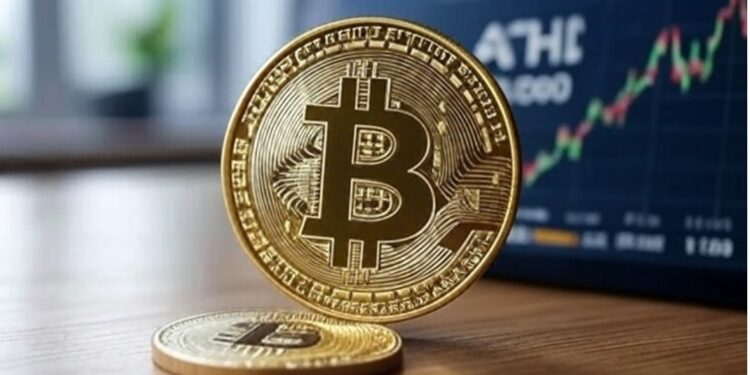Moneda de bitcoin y gráfico en 120.000 dólares