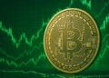 Bitcoin con gráficas verdes de fondo.