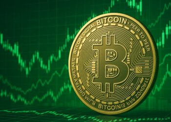 Bitcoin con gráficas verdes de fondo.