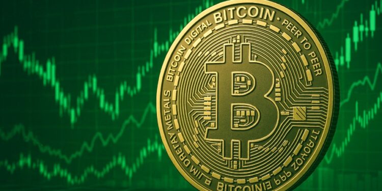 Bitcoin con gráficas verdes de fondo.