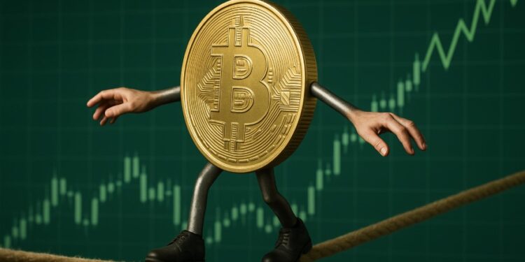Bitcoin equilibrado en una cuerda.
